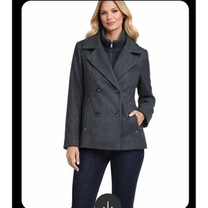 Guess Wool Blend Double Breasted Peacoat Jacket Charcoal Gray XL